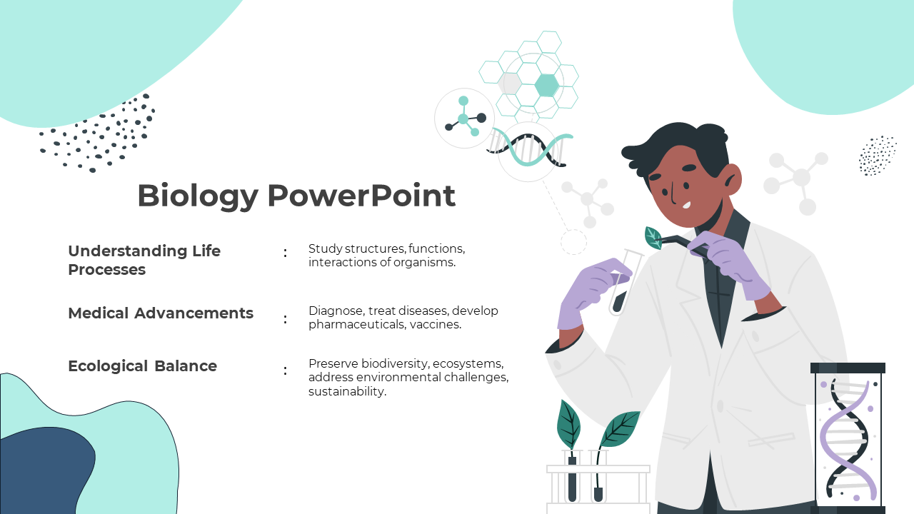 Illustration of a scientist handling a plant sample in a laboratory, with molecular and DNA themed graphics with text.