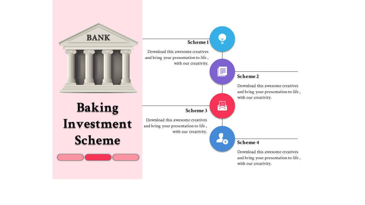 Banking investment scheme slide with a bank illustration and four numbered schemes with icons.