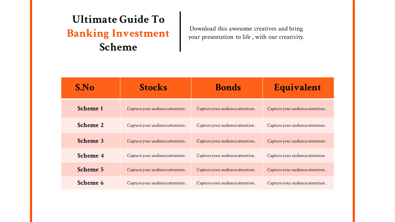 Banking investment scheme guide template with a table comparing six schemes across stocks, bonds, and equivalent categories.