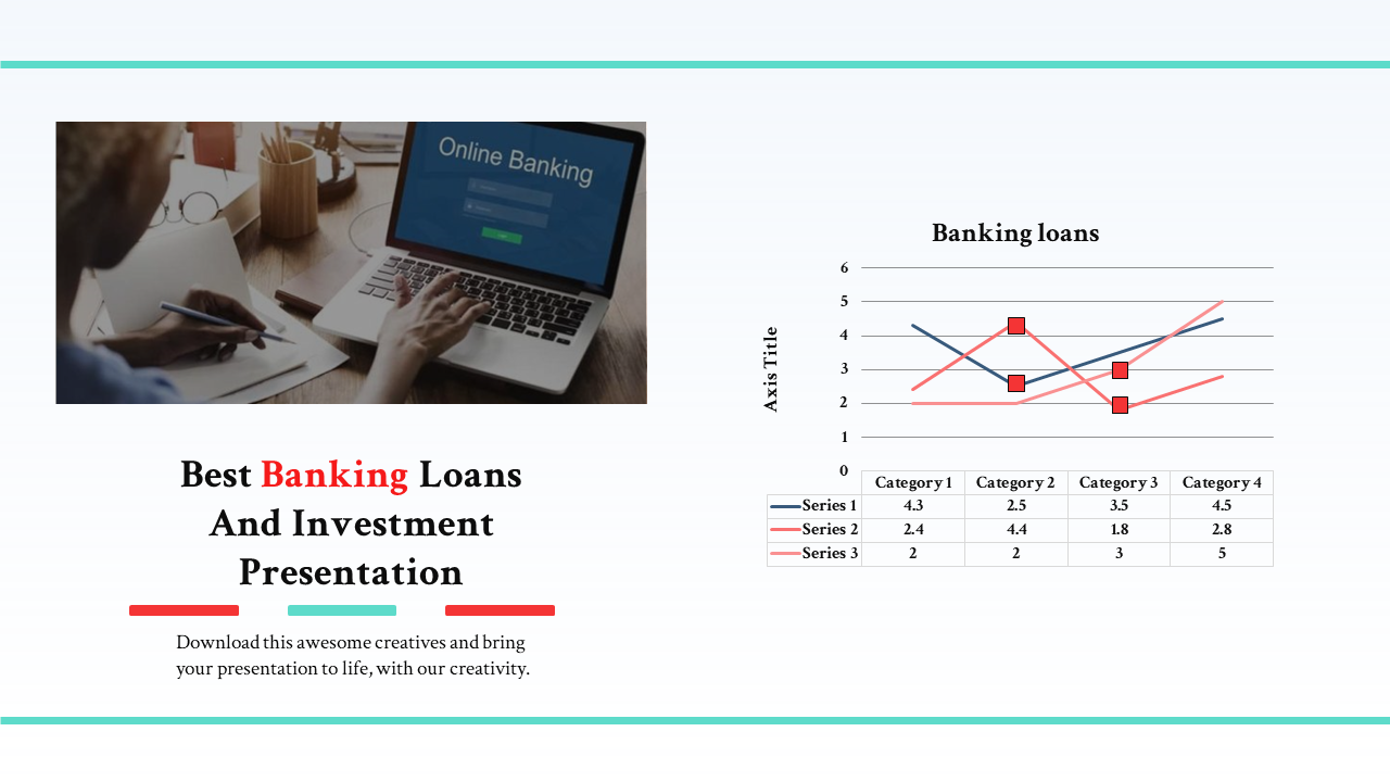 Banking presentation template showing a line graph of loan data alongside a person accessing online banking.