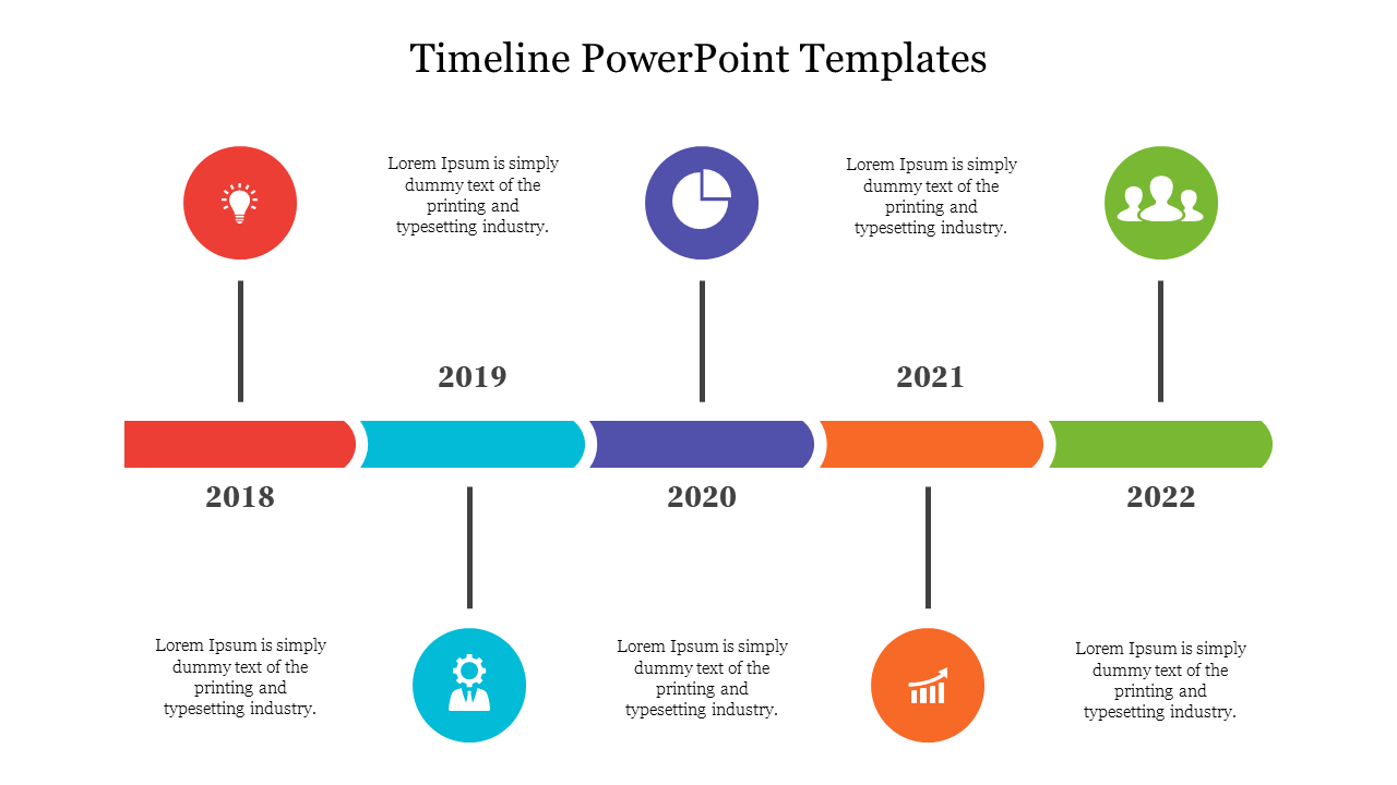 Timeline slide displaying events from 2018 to 2022 with icons for each year and placeholder text for descriptions.