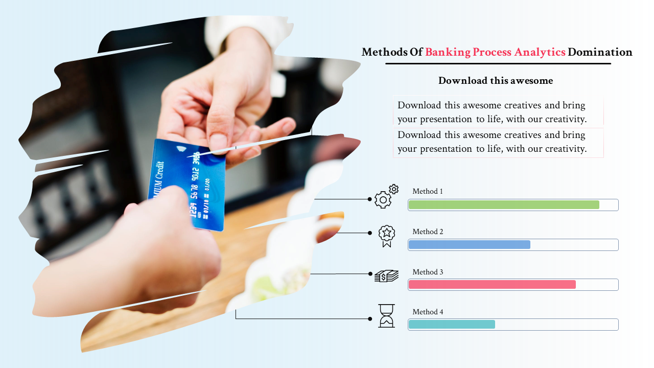 Two hands exchanging a blue credit card, on a paint stroke backdrop, alongside four colorful horizontal bars and icons.