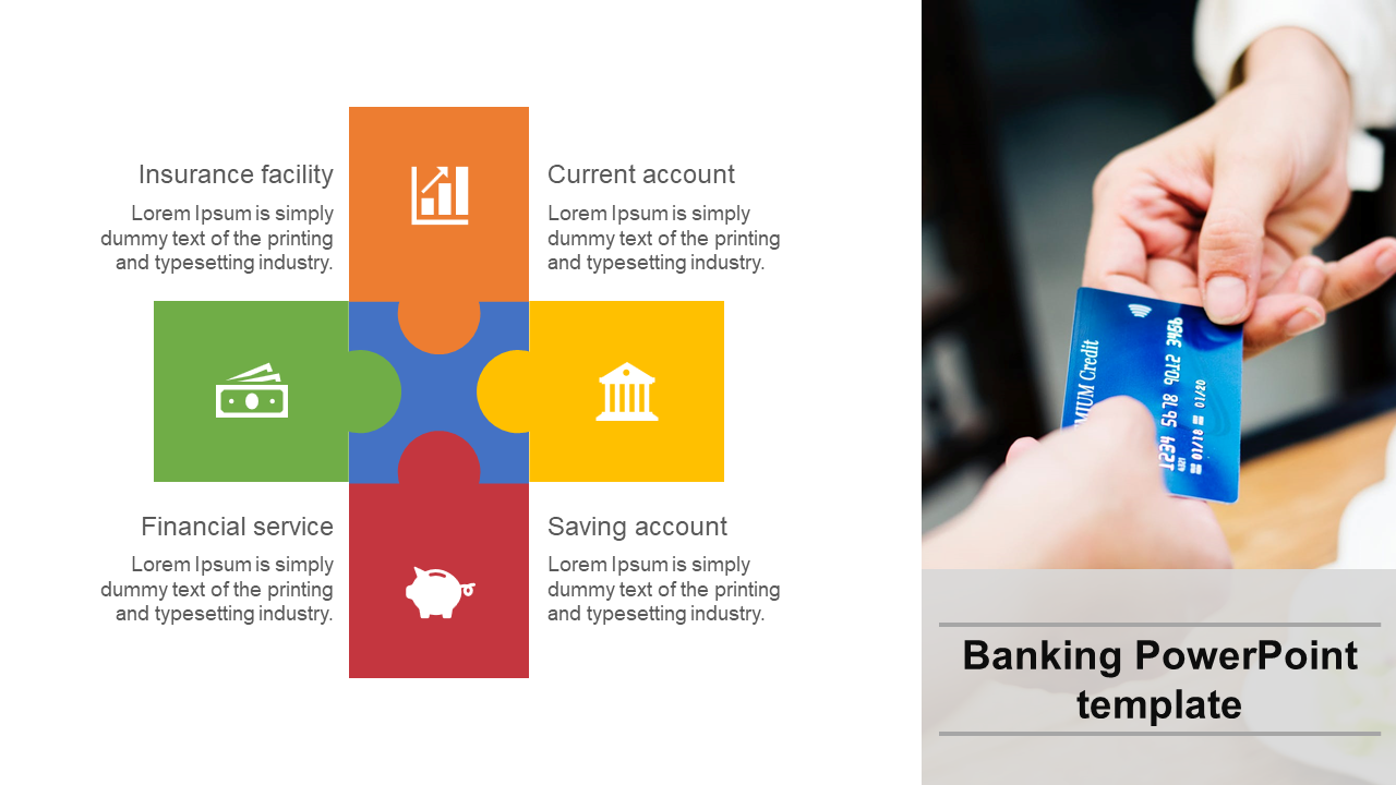 Banking services infographic with a four-piece puzzle design and related icons, placed beside a credit card image.