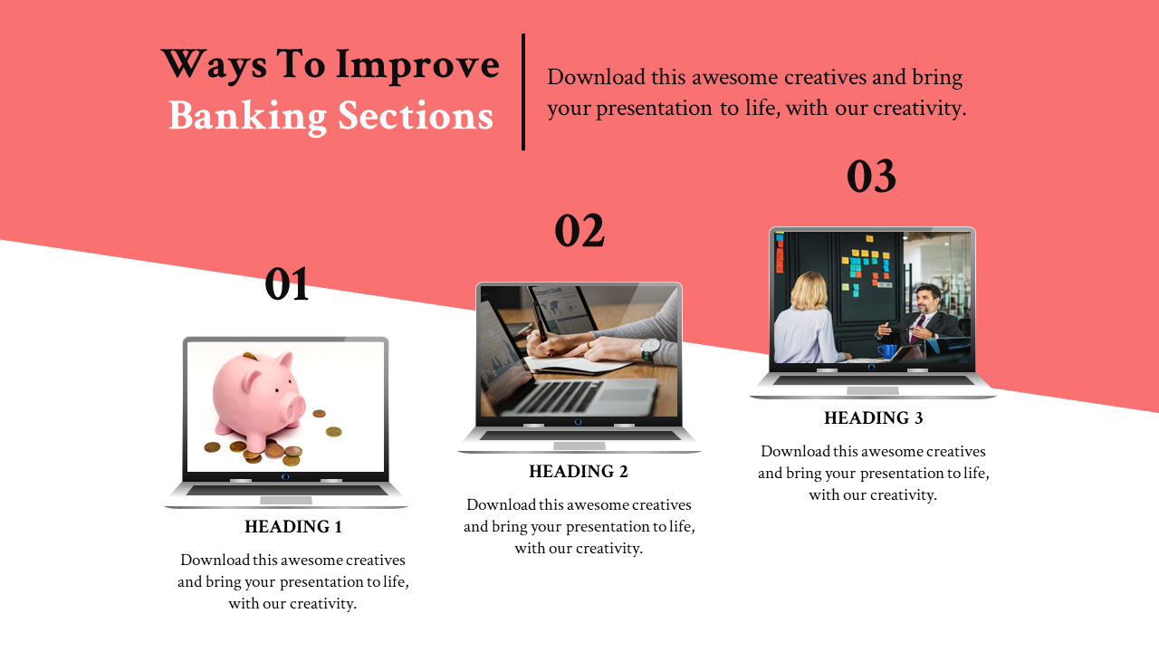 Three laptop images on a red and white background, each numbered 01 to 03 displaying visuals related to banking improvements.