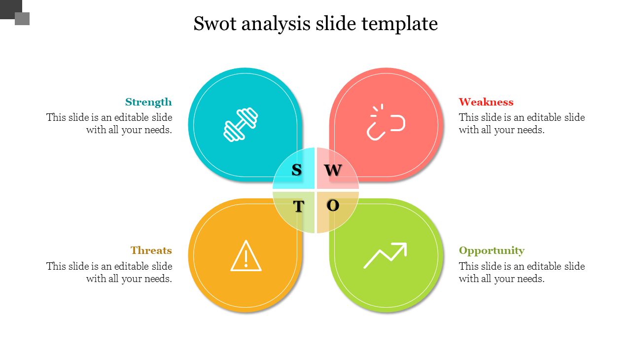 Swot analysis slide featuring colorful circles representing strength, weakness, opportunity, and threats with icons.