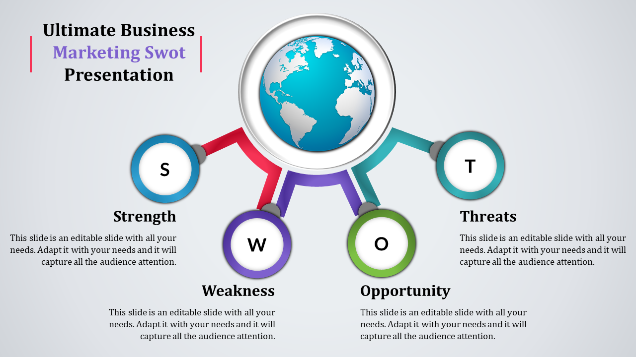 Editable SWOT presentation template - one to many model