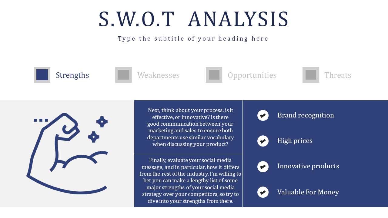 Blue and white SWOT slide highlighting strengths, featuring an arm graphic, bullet points, and detailed explanation.