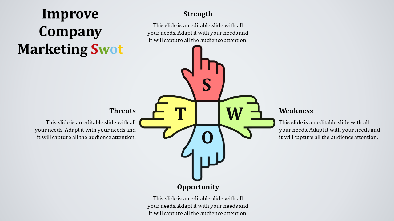 SWOT analysis concept with four hands in red, yellow, green, and blue pointing to the four corners, representing each.