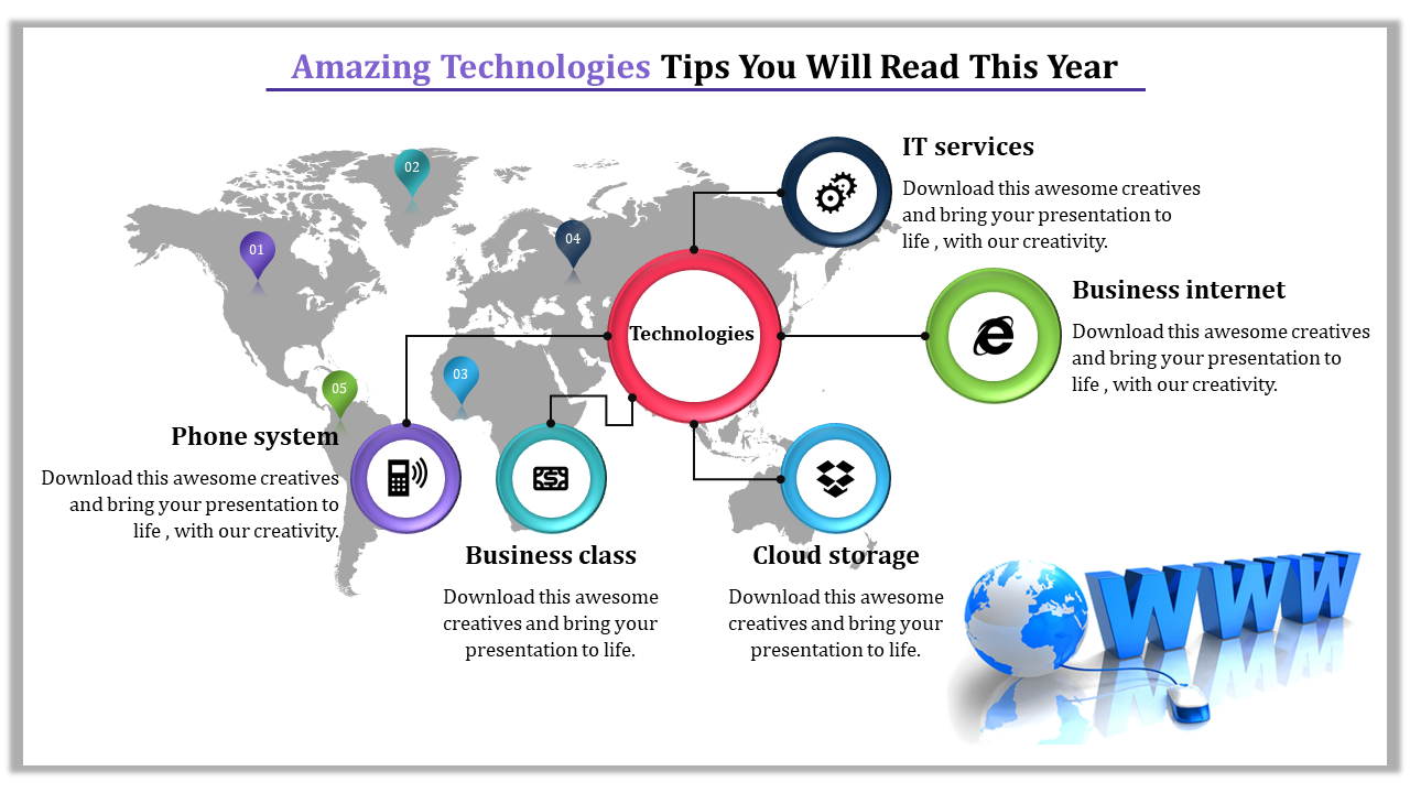 Technology focused world map with six points: IT services, business internet, cloud storage, business class, phone system.