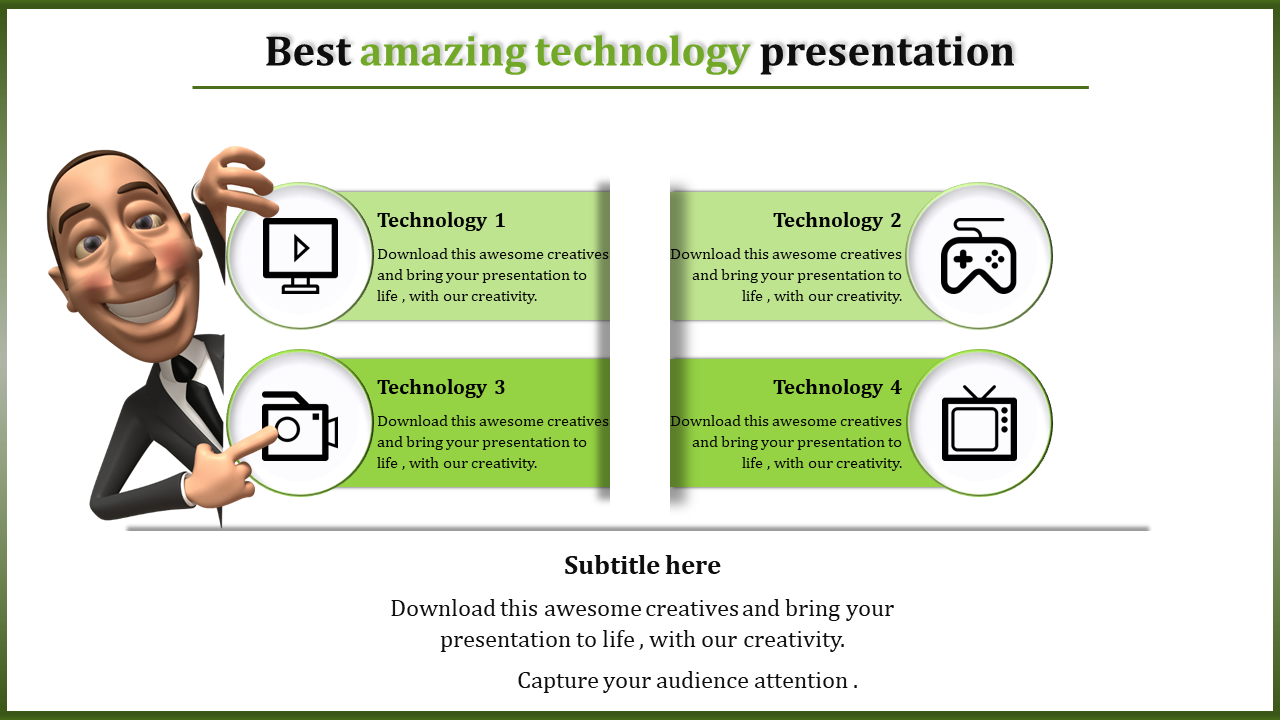 Slide featuring a character pointing four green text blocks with white circular icons representing technology categories.