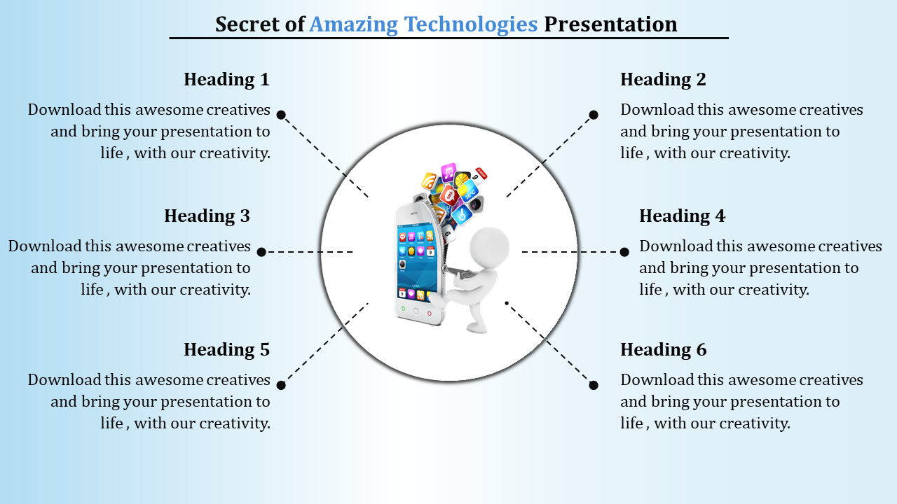 Diagram showing six labeled tech headings with dotted connectors to a central smartphone and app icon illustration.