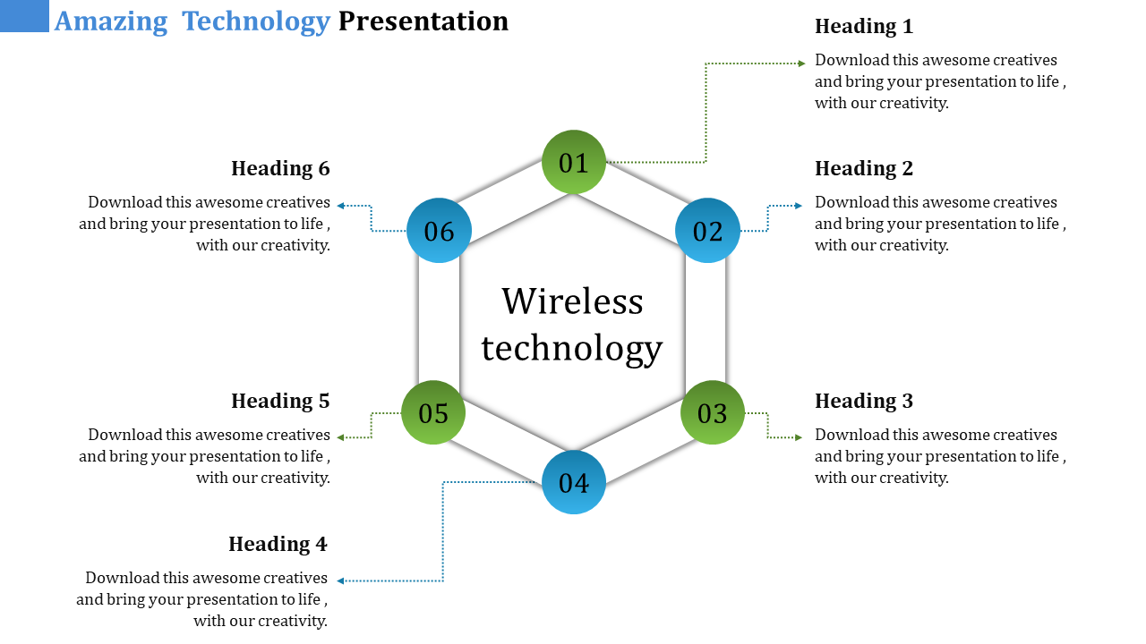 Wireless technology infographic with a hexagon in the center, connected to six circular nodes numbered 01 to 06.