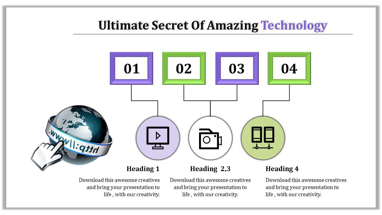 Technology slide with a globe illustration and four numbered steps paired with three icons connected to headings.