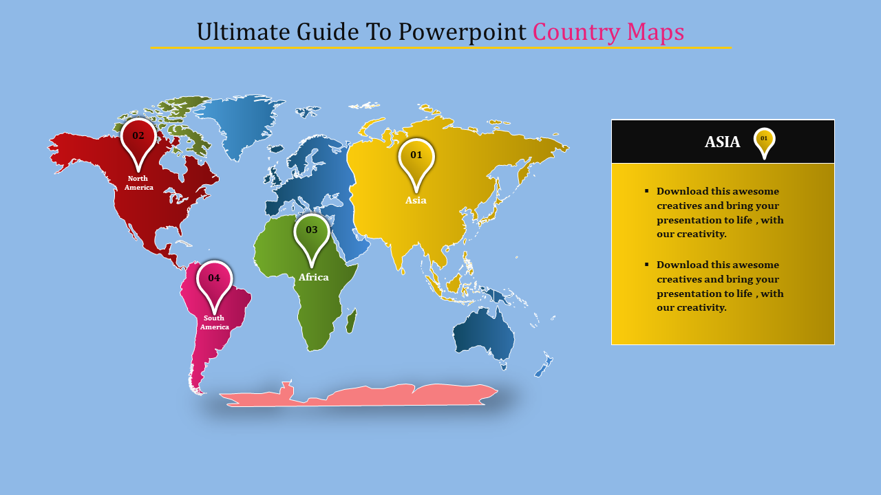 PowerPoint slide showing a world map with regions labeled Asia, North America, Africa, and South America on a blue theme.