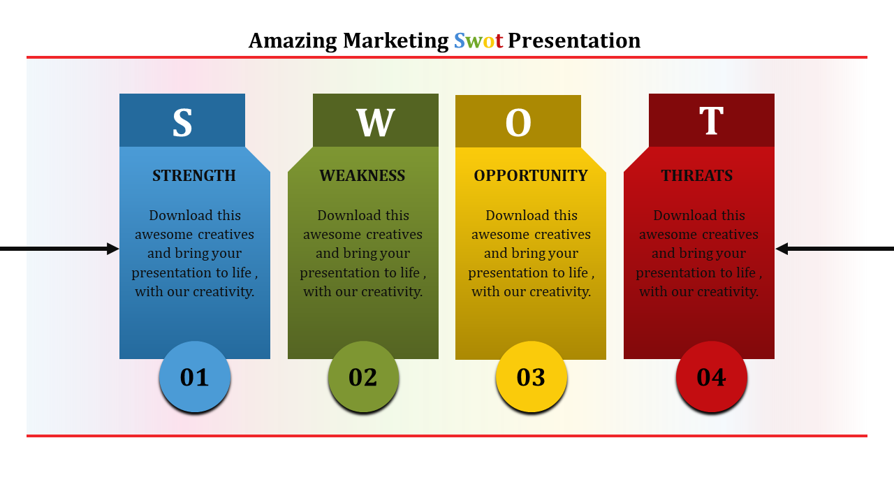 A colorful marketing SWOT analysis slide featuring distinct sections each labeled with numbers.