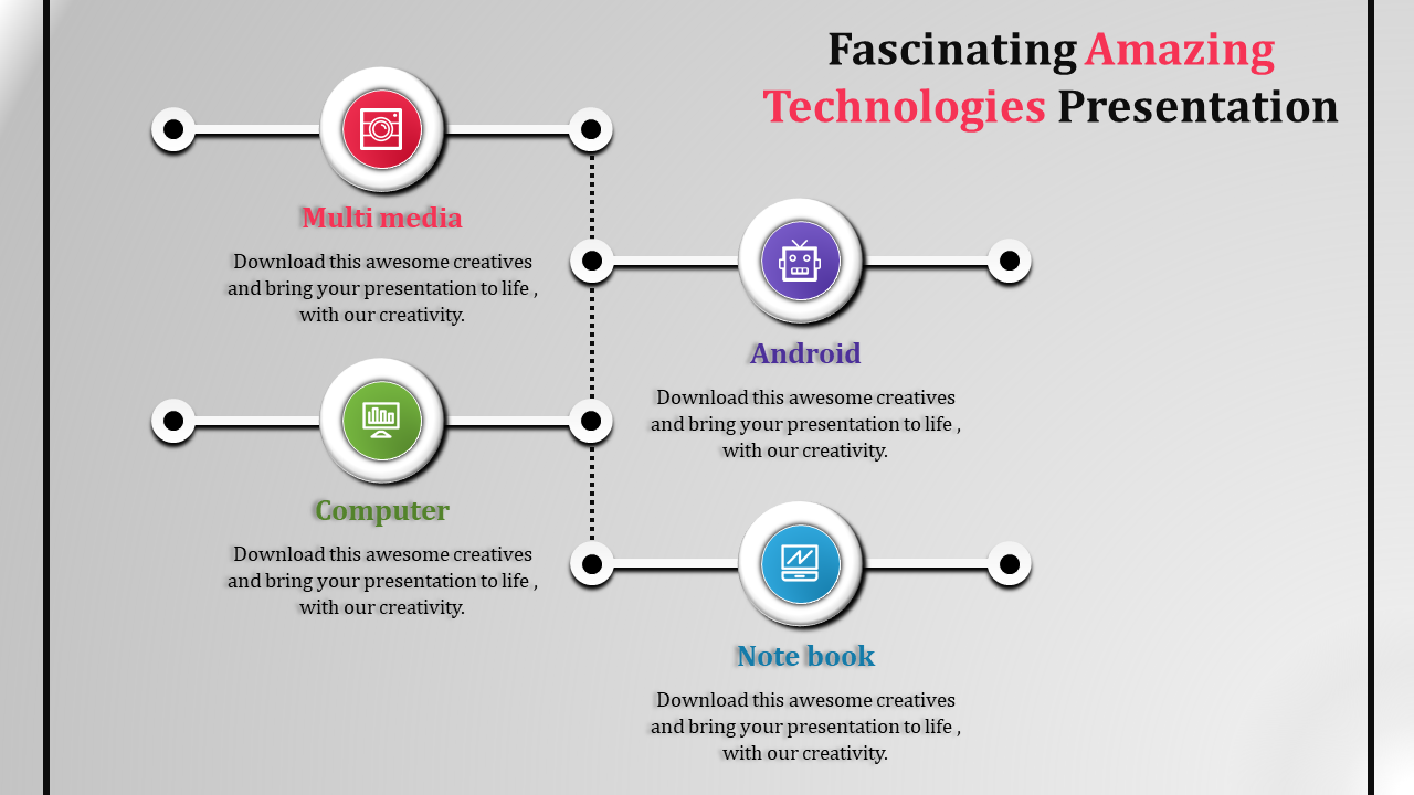 Technology PowerPoint slide with icons for multimedia, computer, android, and notebook with descriptions.