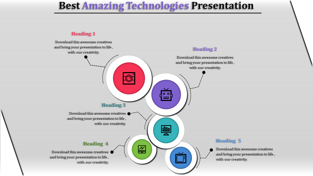 Circular infographic design with five colorful technology icons connected with lines and headings on a gray background.