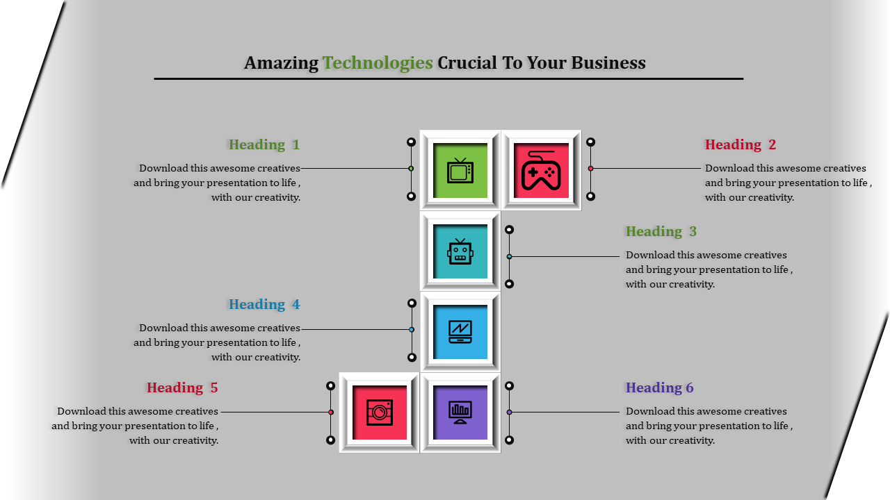 Technology PowerPoint slide featuring six icons TV, gaming, robot, notebook, camera, and graph, each with headings.