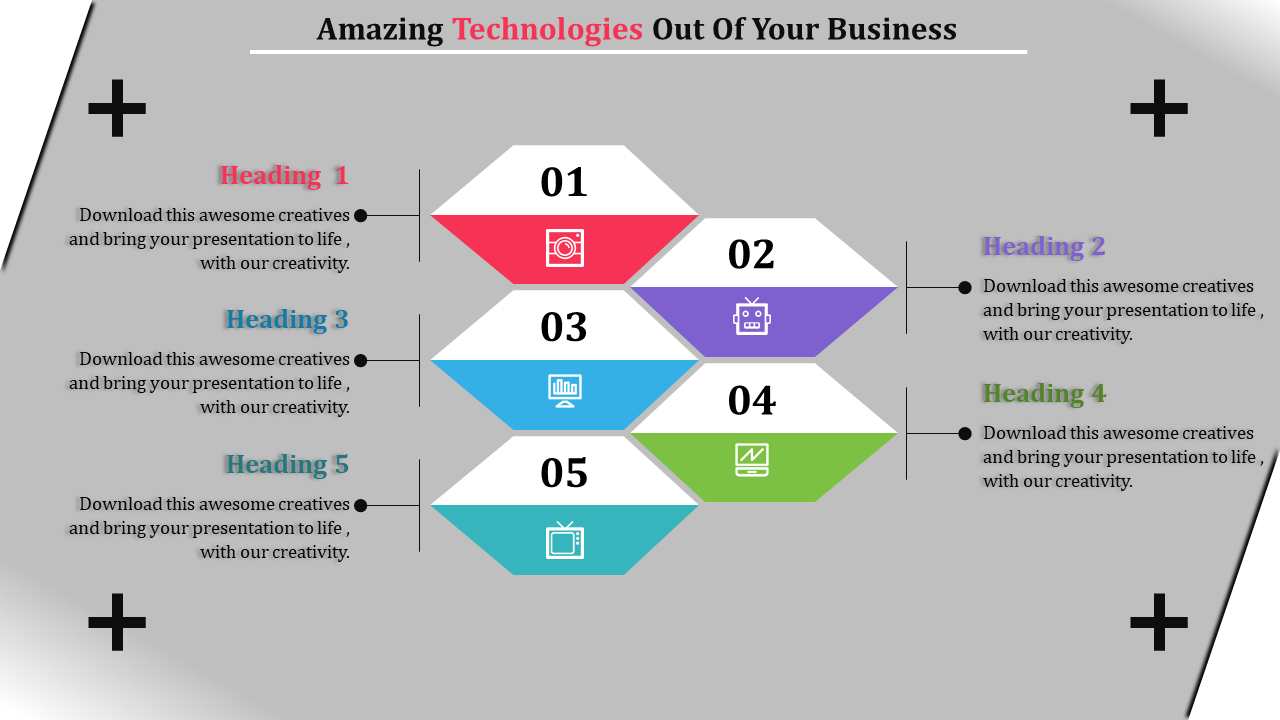 Business slide featuring five staggered diamond icons in red, purple, blue, green, and teal, with technology headings.