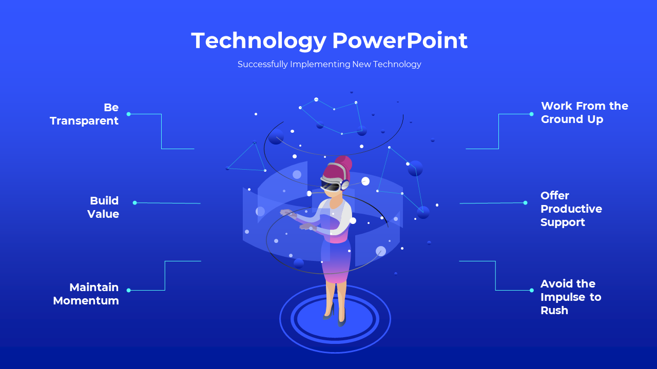 Technology-themed illustration with a woman using virtual reality surrounded by futuristic holographic elements.