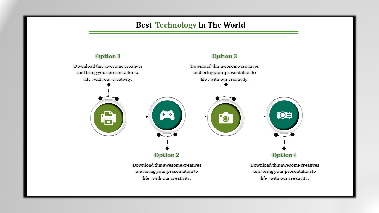 Horizontal layout with four green circular icons representing different options connected by arrows and text labels.