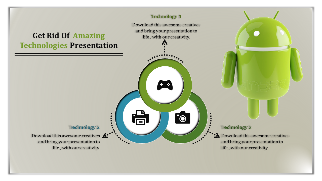 Slide featuring three technology categories, illustrated with icons alongside an android robot figure with placeholder text.