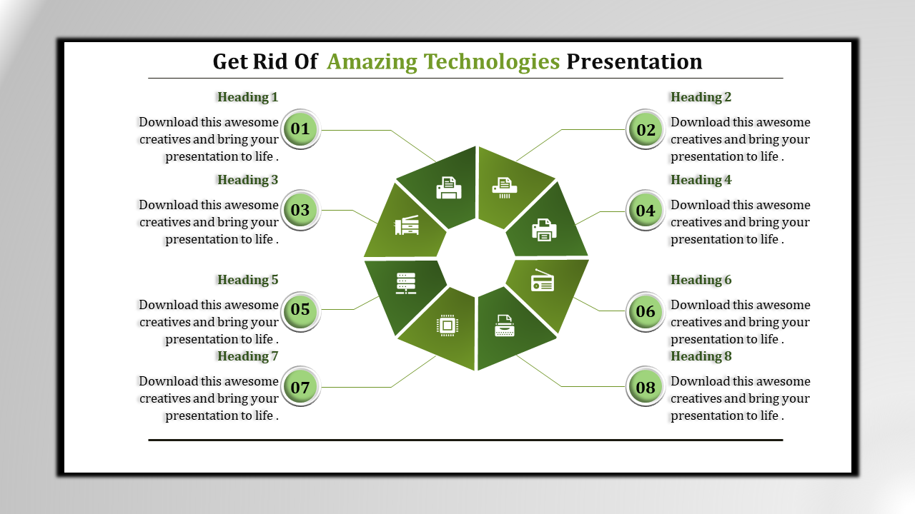 Visual with an eight-segment green circular diagram containing technology-related icons, connected to corresponding headings.