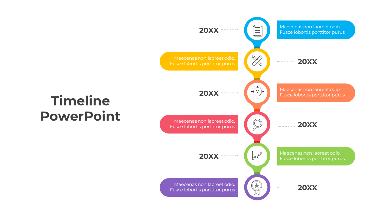 A colorful timeline PowerPoint template with labeled stages and text placeholders for each stage.