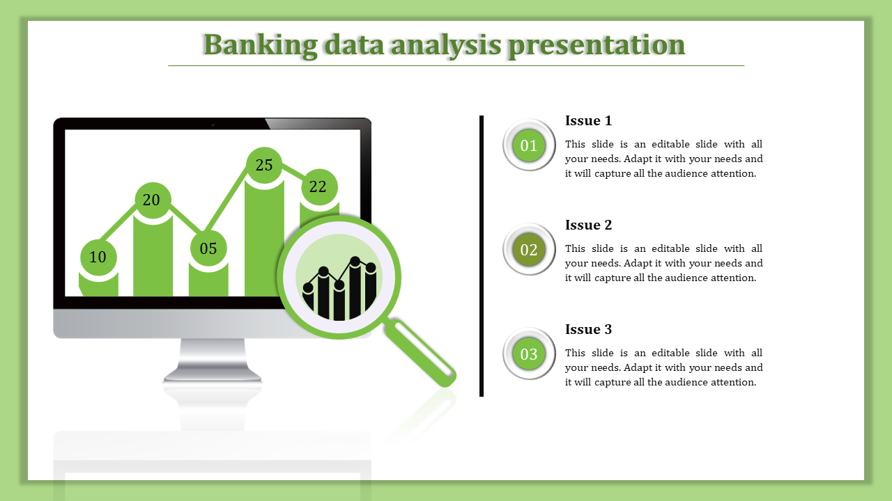 Banking data analysis slide with green bar chart on a computer screen and three listed issues in circles on the right.