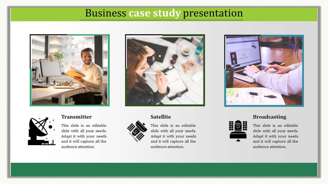 Business case study slide with three sections, each featuring an image, icon, and placeholder text.