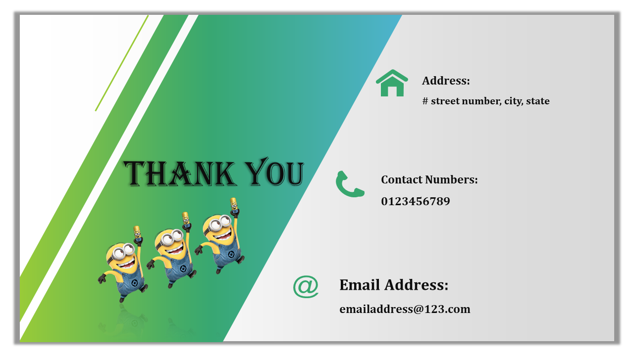 Thank you slide with a green gradient background featuring minion characters, and placeholders for contact details.