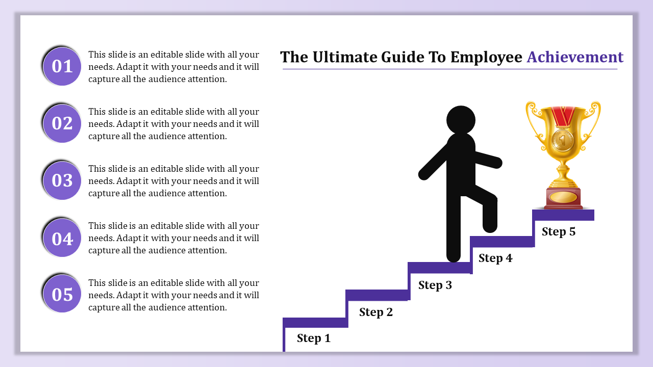 Five-level achievement diagram with steps labeled Step 1 to Step 5, showing a person icon climbing toward a gold trophy.