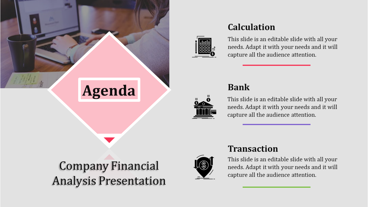 Agenda slide for financial analysis presentation with a pink diamond center, calculation, bank, and transaction sections.