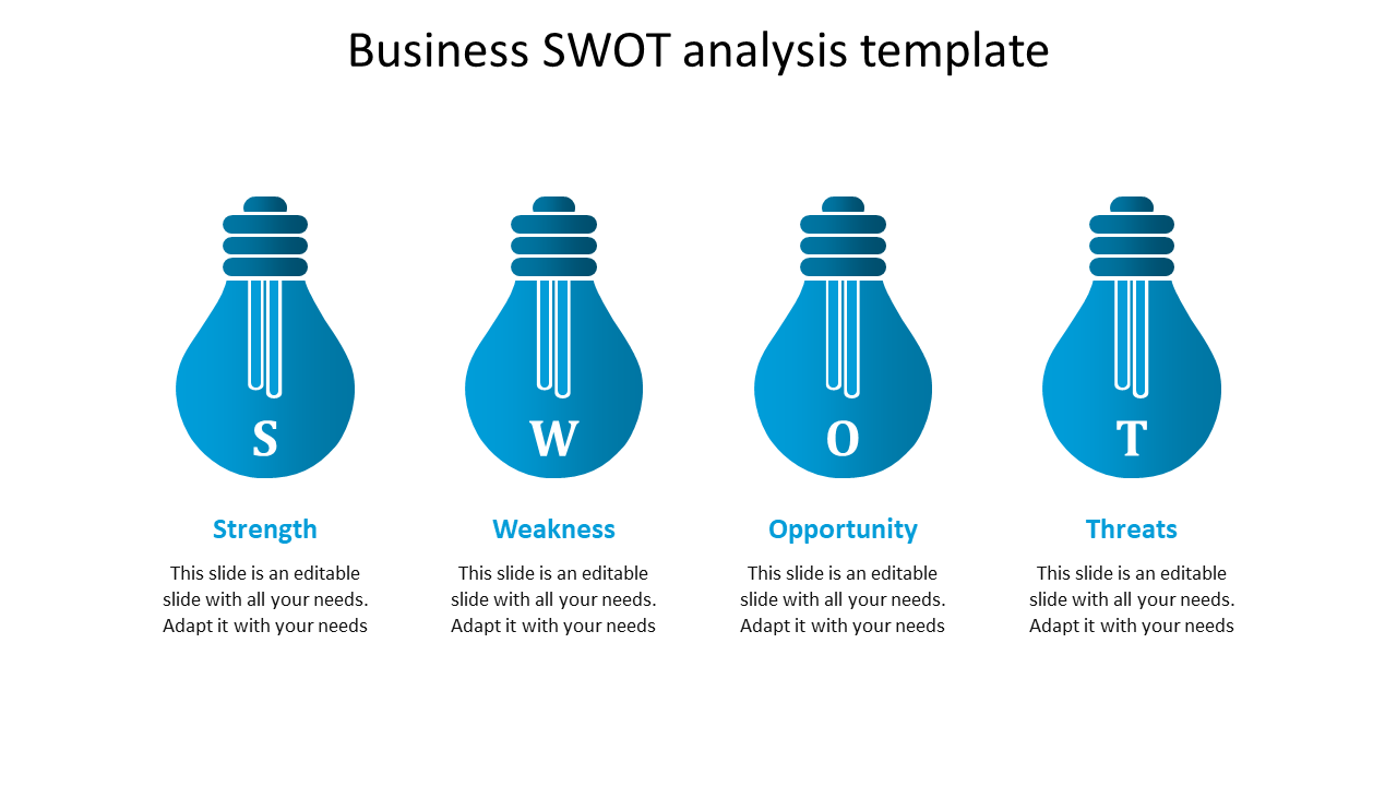 Business SWOT analysis template with blue light bulb icons representing strengths, weaknesses, opportunities, and threats.