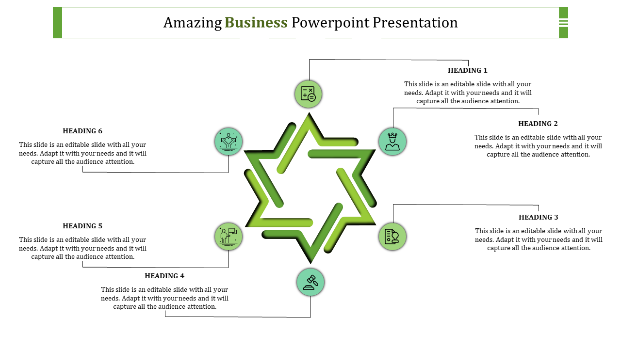 A business PowerPoint slide with six headings in a star shaped model, each accompanied by icons in a circular design.