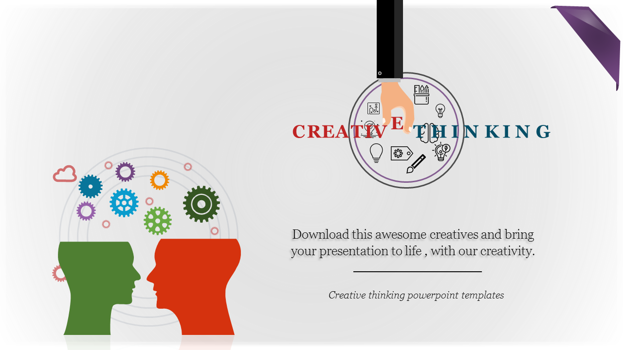 Silhouettes of two heads with colorful gears connecting in a creative thinking illustration with a quote.