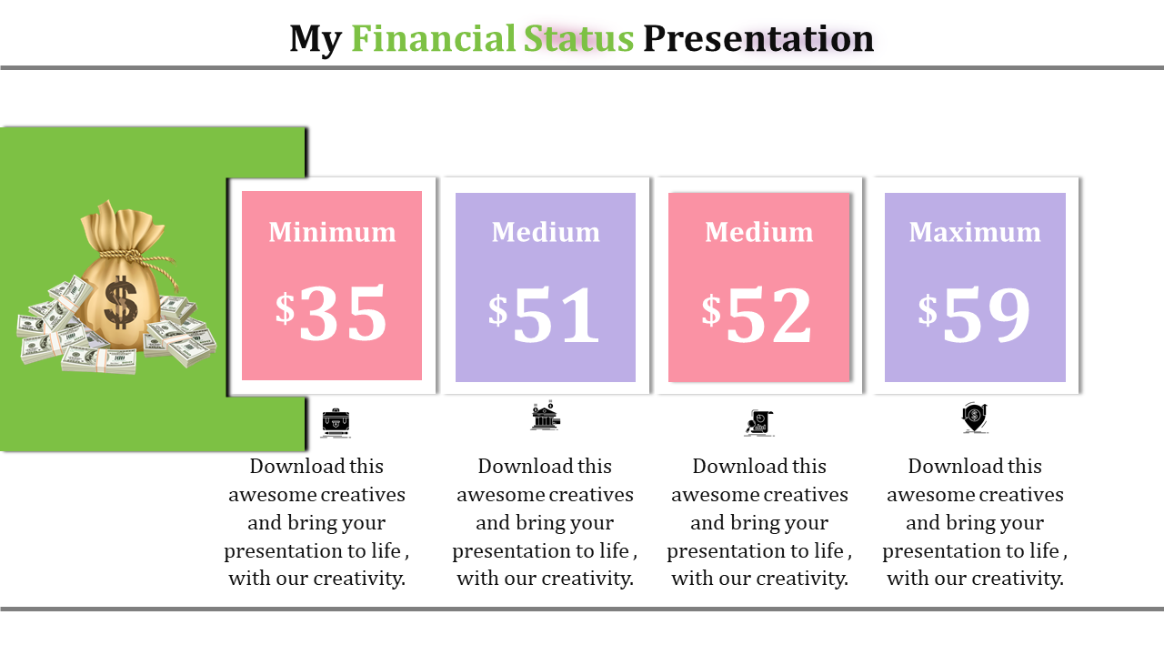 Financial status slide featuring a money bag graphic on the left and four colored value boxes in pink and purple.