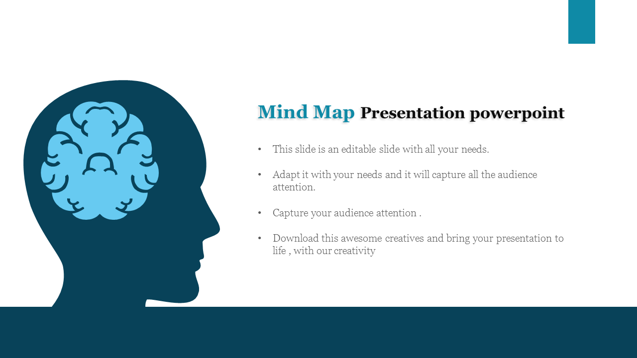 Mind map slide featuring a blue silhouette of a head with a stylized teal brain icon and text on the right.