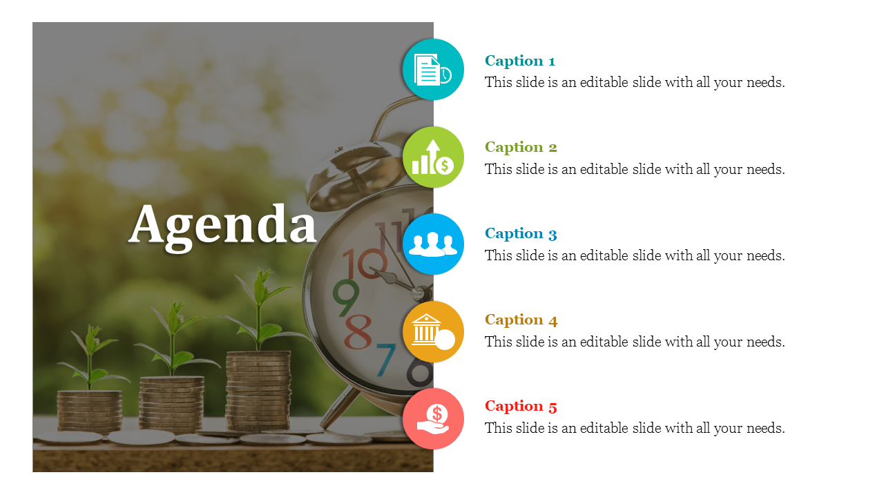 Agenda slide with a clock, coin stacks growing into plants on the left, and five caption sections with colorful icons.