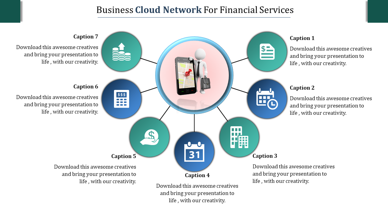 Business cloud network for financial services slide featuring a central figure with a briefcase and surrounding icons.