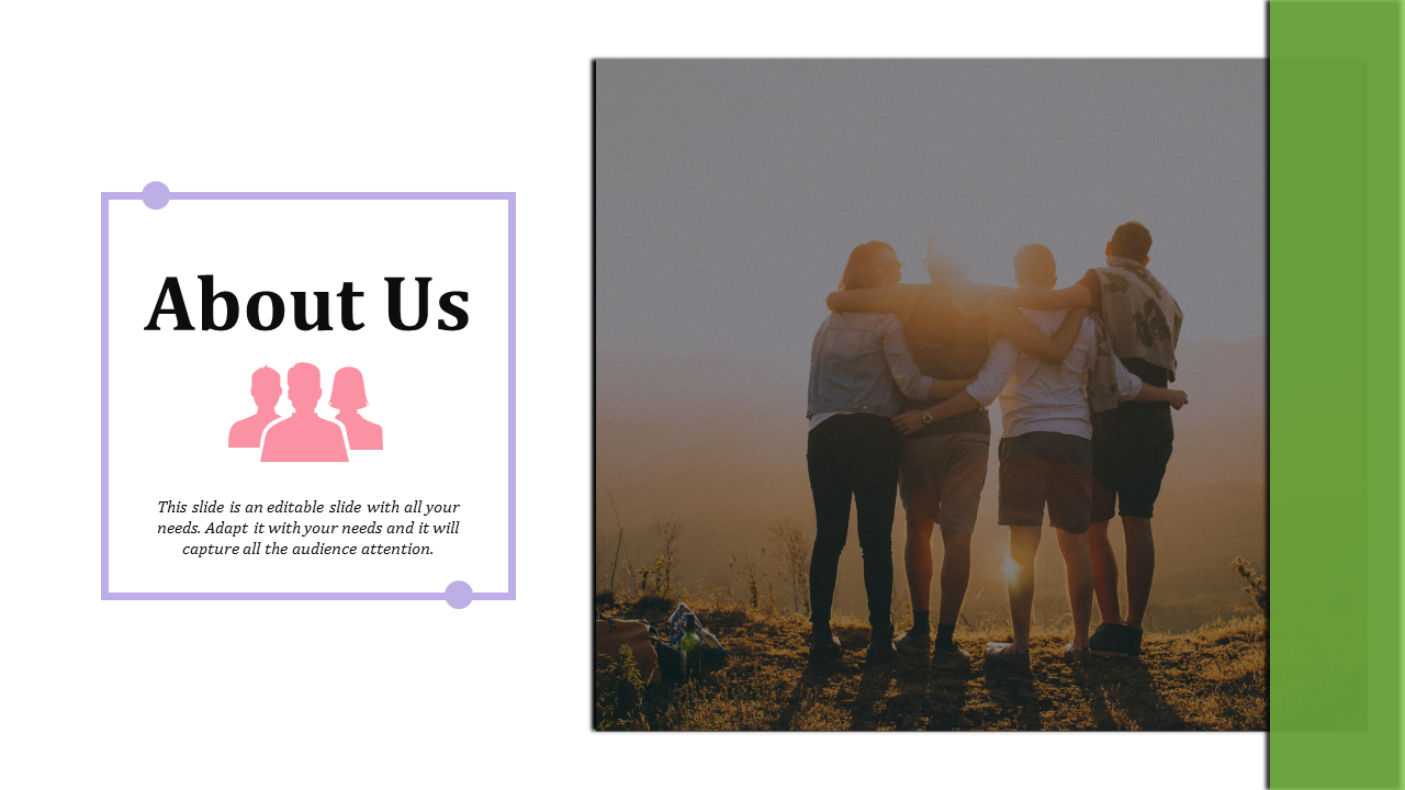 An About Us PowerPoint slide with a group of people facing a sunset with placeholder text.