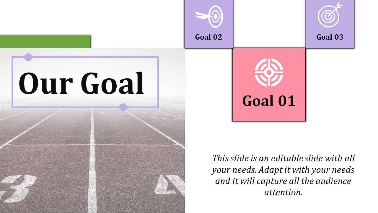 Slide layout with a goal title on a race track image and three goal blocks in pink and purple, each marked with target icons.