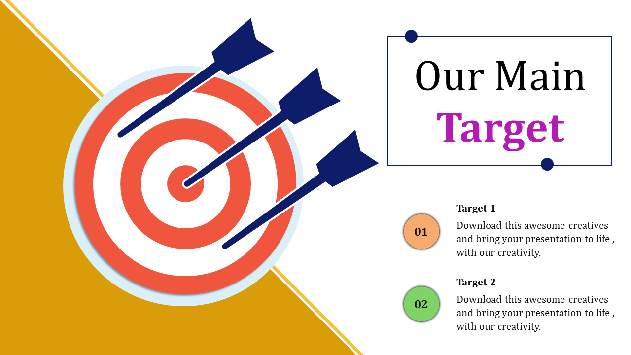 Large target with three blue darts on yellow background, and a title box with bullet points on the right.