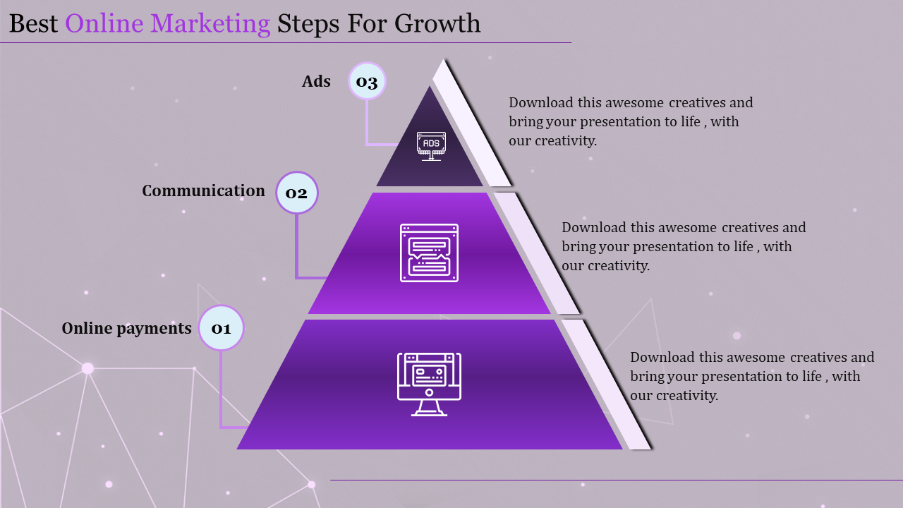 Marketing growth slide featuring a gradient purple pyramid divided into three labeled sections with outlined icons.