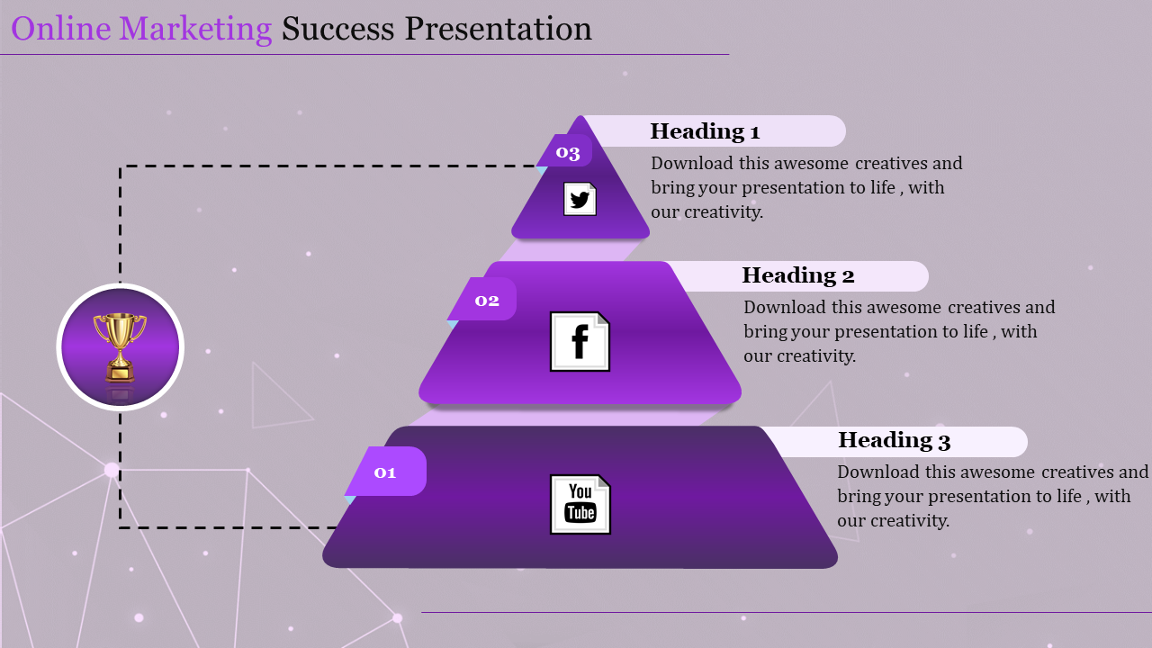 Purple pyramid diagram with three stacked levels labeled with social media icons and headings, on a light gray background.