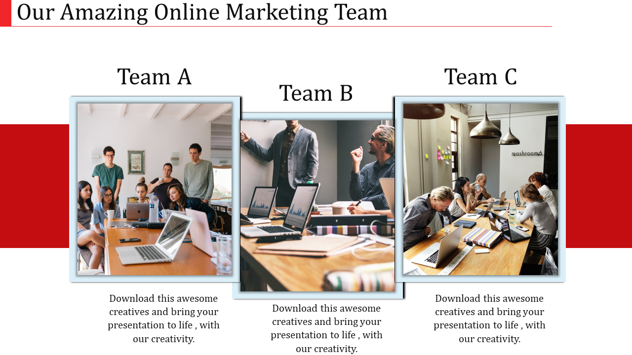 An online marketing team presentation featuring three groups Team A, B, and C, each working together around a table.