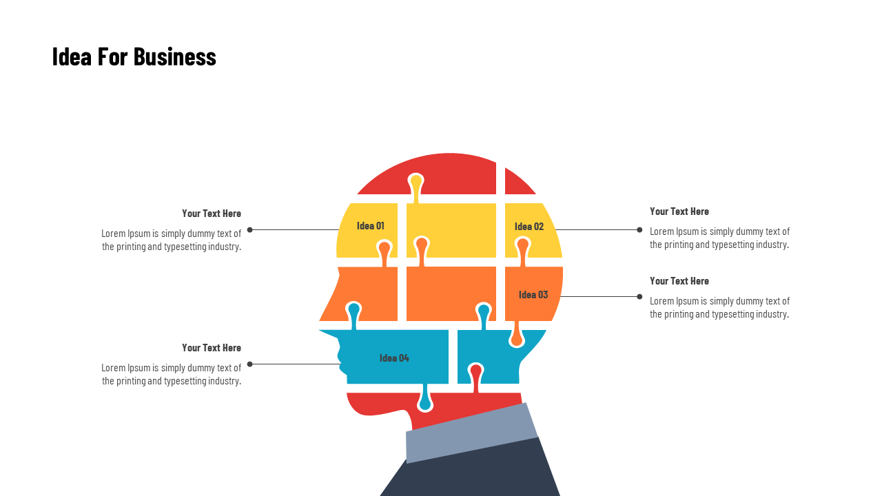 Infographic of a human head silhouette with puzzle-like segments in red, yellow, orange, and blue, each labeled with ideas.