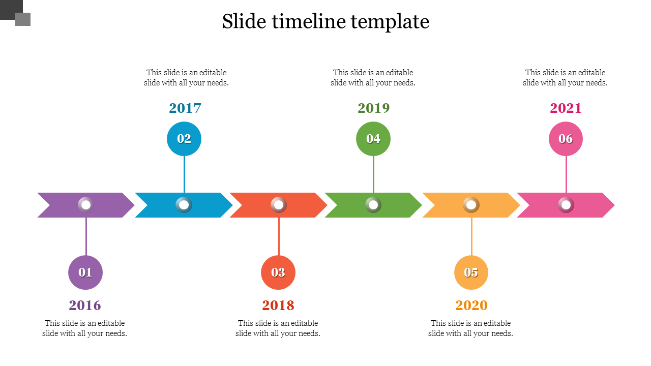 Colorful timeline slide with numbered years from 2016 to 2021, each represented by an arrow and a dot with placeholder text.