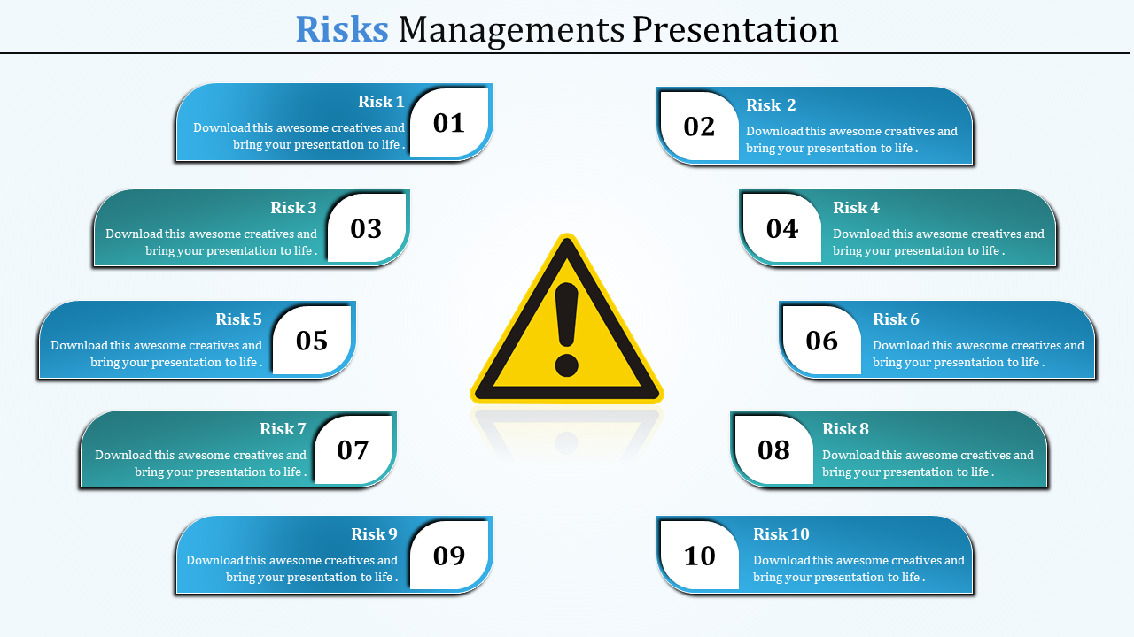 Risk management slide with ten numbered blue gradient rectangles surrounding a yellow warning triangle at the center.