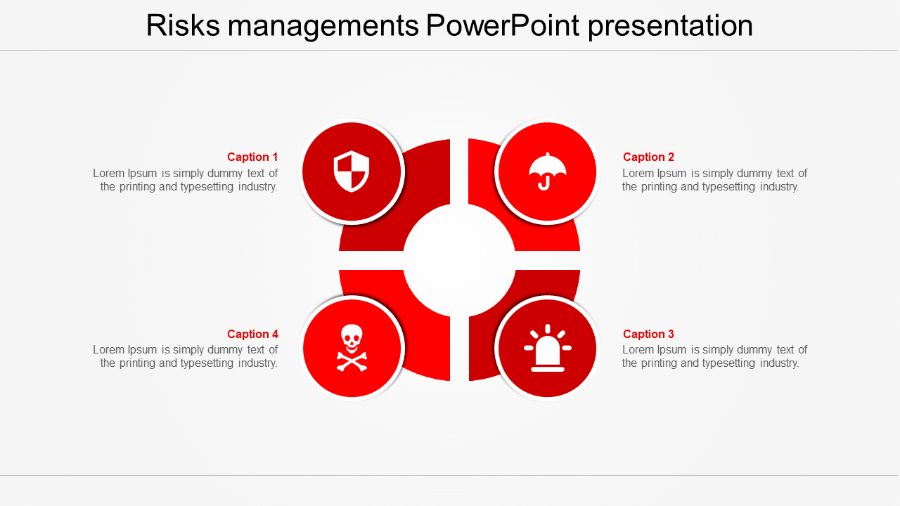 Risk management template featuring shield, umbrella, skull, and alarm icons in a circular layout.